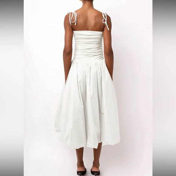 Commense XS White Tie Strap Midi Dress Cottagecore Minimalist Bubble Hem Dress - Picture 4 of 5